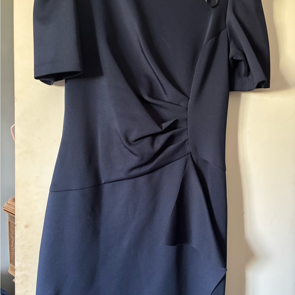Xscape Blue Asymmetrical Ruched Sheath Dress